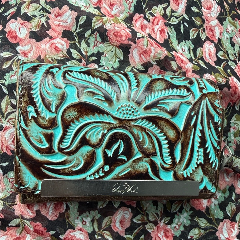 Patricia Nash Turquoise and Brown Tooled Leather Wallet